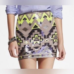 Express Sequin Aztec Mini Skirt in Neon Yellow, Taupe, Black
